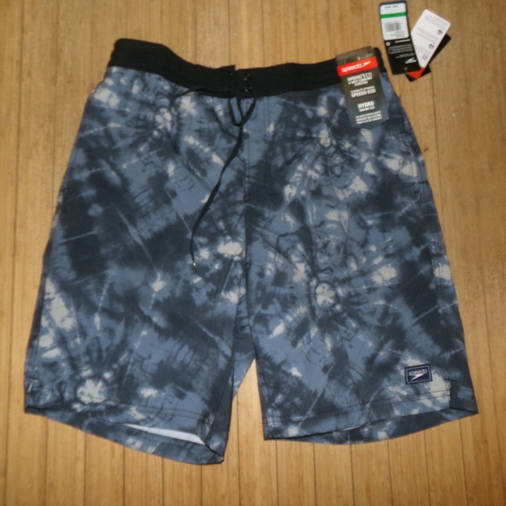 Speedo Eco Hydro Board Shorts Mens SZ LRG Blue Tie Dye Stretch Swim Trunks NWT